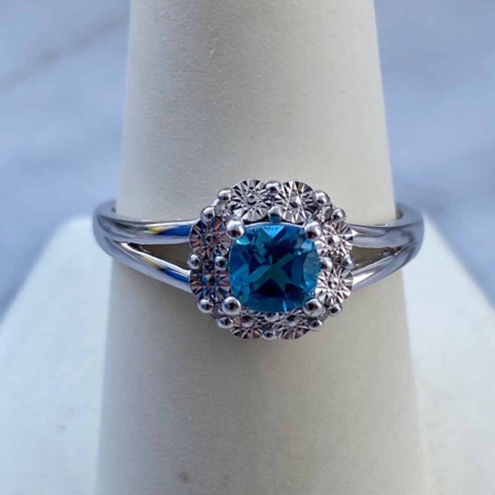 Genuine Diamond Blue Topaz Cushion Cut Ring